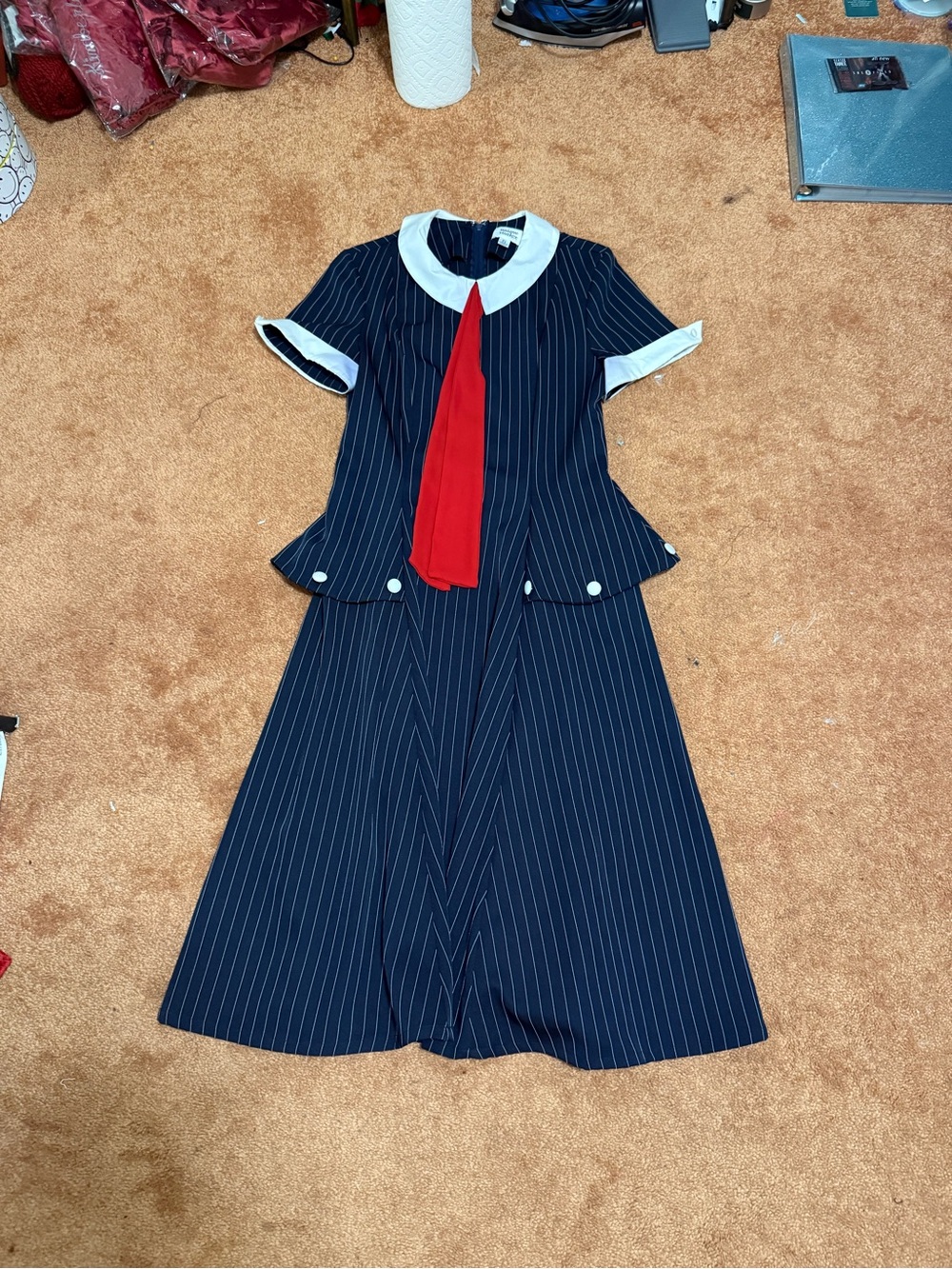 Unique Vintage Navy Pinstripe Midi Dress with White Collar and Red Tie